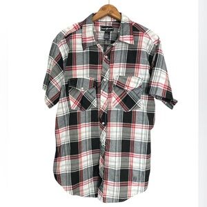 Casual Country Shirt‎ Mens L Black White Plaid Western Snap Short Sleeve Pockets